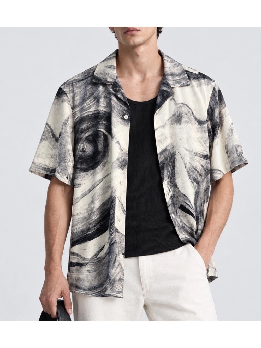 ZARA Men Abstract Print Stretch Shirt Size S Black White